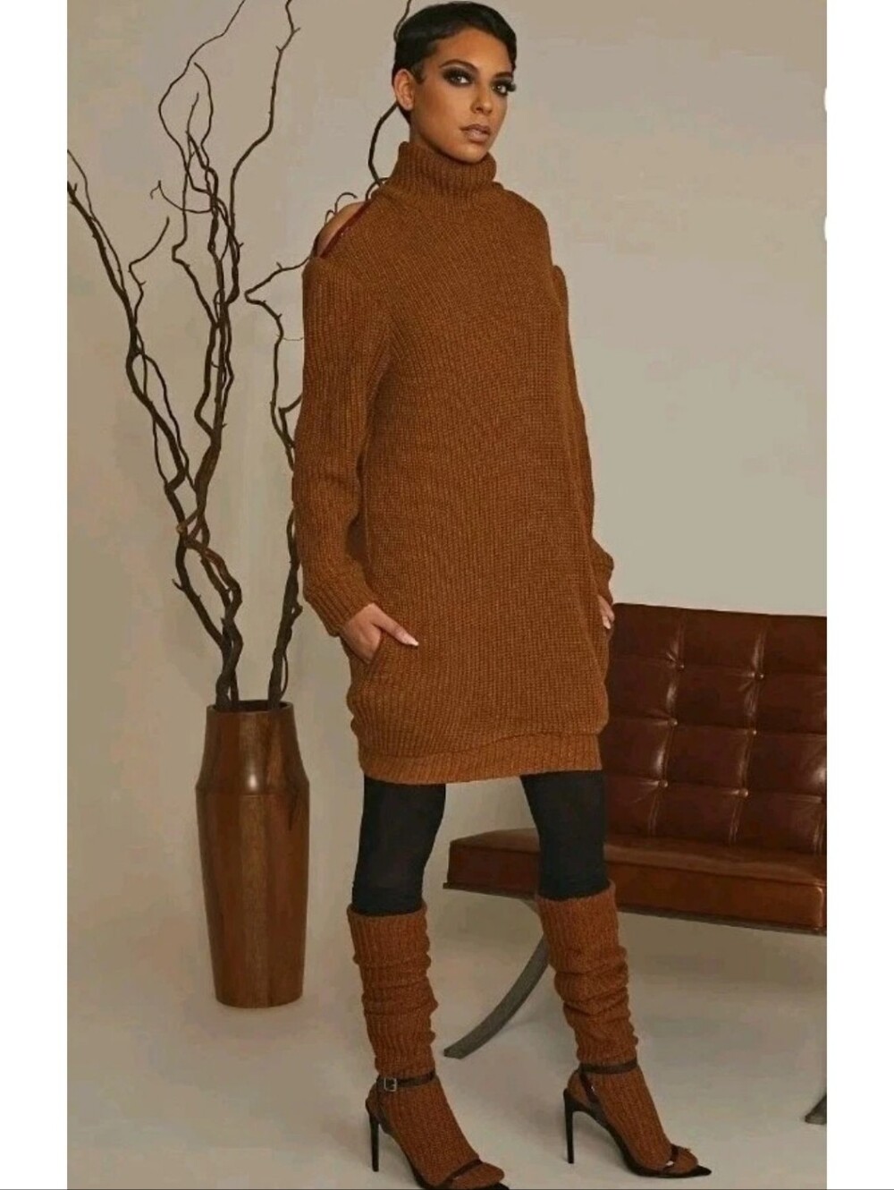 Classic Brown Turtle Neck Sweater Dress By Kimberly Goldson w/pockets